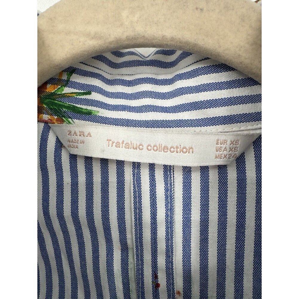 Zara Trafaluc Shirt Women XS Blue Striped Button Front Novelty Cactus Print - Picture 4 of 8